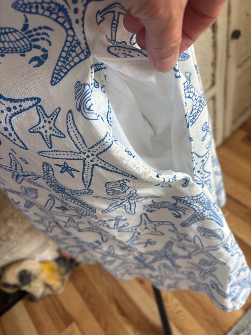 Avec Les Filles linen blend fit and flare mini dress coastal starfish blue white - Picture 9 of 16